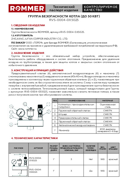 Технический паспорт ROMMER RVS-0004 – Группы безопасности